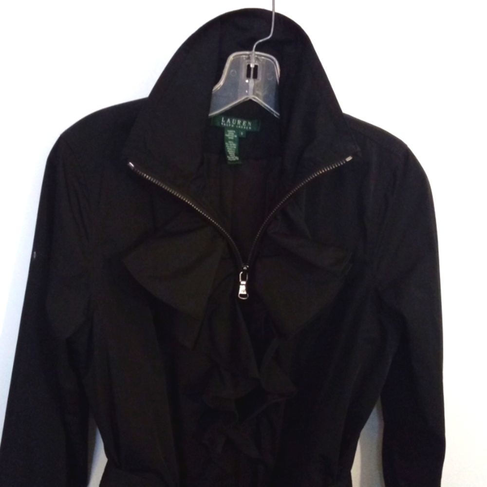 Ralph Lauren Women's Black Trench Coat with Ruffle Detail & Tie Belt Medium